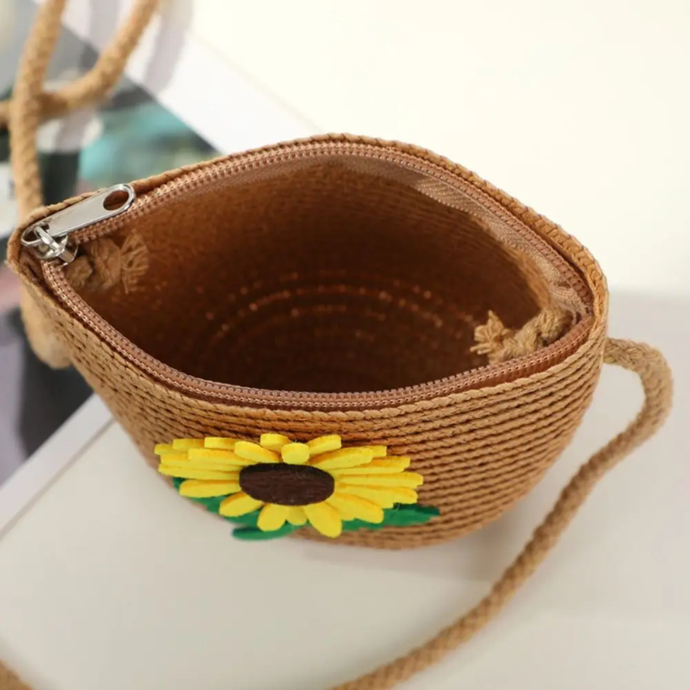 Children Girl Straw Bag Cute Flower Handmade Woven Messenger Bag Travel Storage Basket Coin Purse Summer Kids Crossbody Handbag