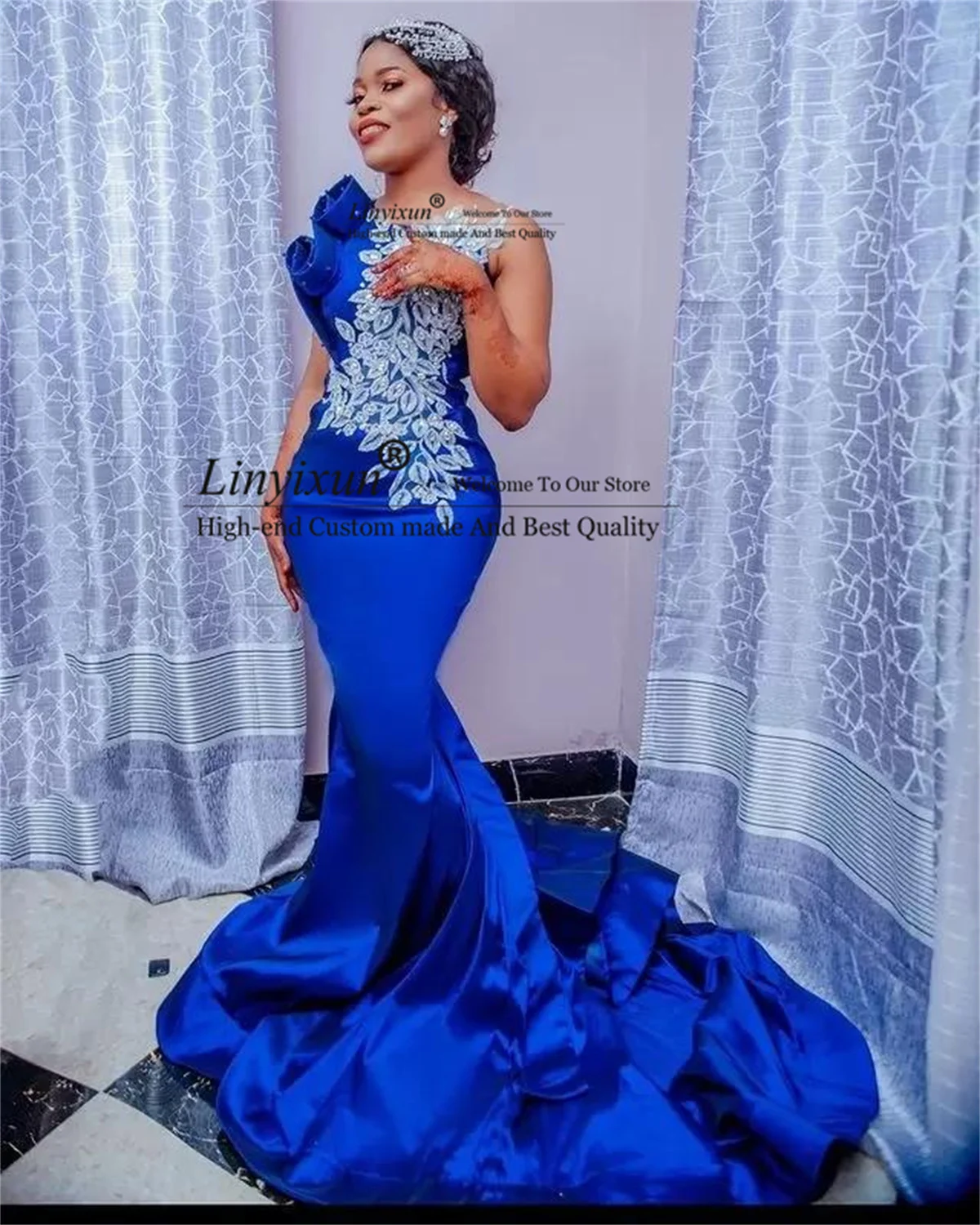 Robe de bal de forme sirène, bleu Royal, Sexy, avec des Appliques en dentelle, style arabe, Aso Ebi, sans manches, tenue de soirée