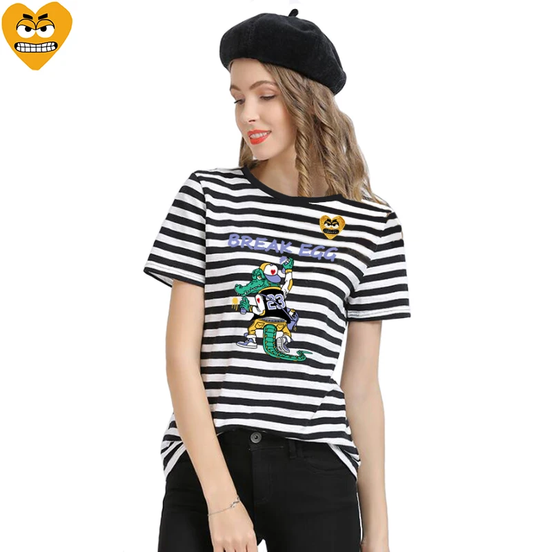 Break Egg Women Striped T-shirt Cotton Cartoon Cute Heart Embroidered Crocodile  Printed Short Sleeve O-Neck Summer T-shirt