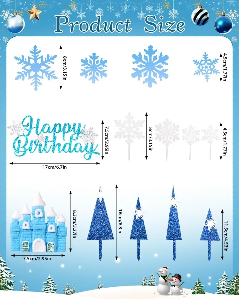 14pcs Snowflake Cake Decorations Blue Castle Tree Cake Toppers Snowflakes Winter Birthday Party Supplies view 3