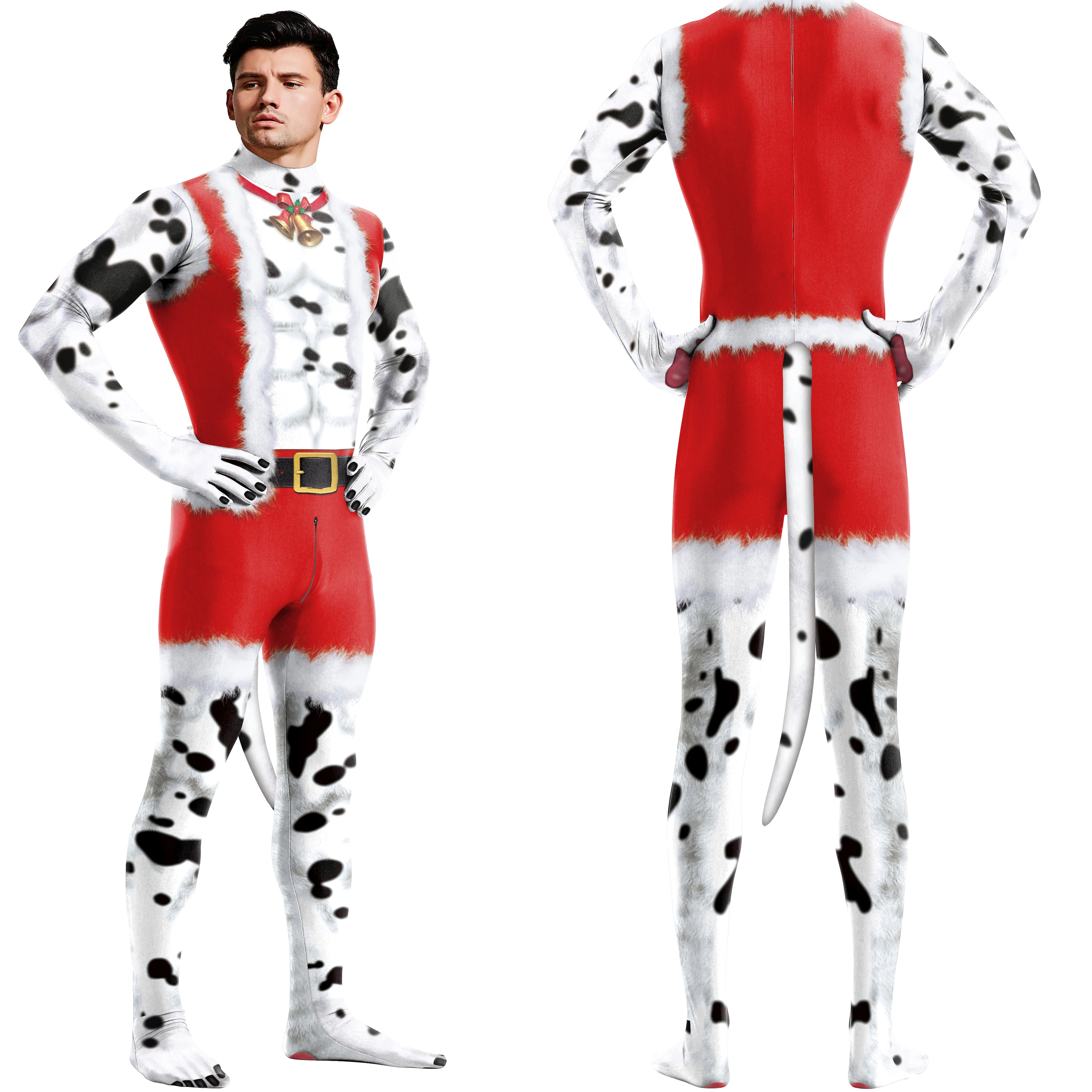 Men's Bodysuit Christmas Funny Costume Jumpsuit Fancy 3D Printing Zentai Xmas Gifts Cosplay Petsuit Animal Costume with Tail