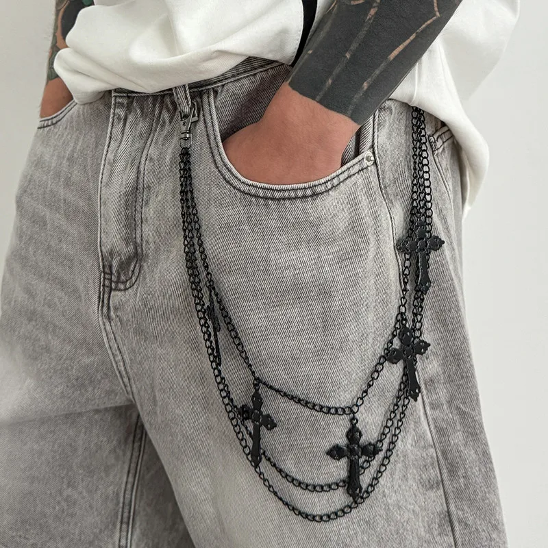 Legal rock hip hop cruz pingente chaveiro calças jeans corrente masculina tendência multicamadas chaveiros festa jóias