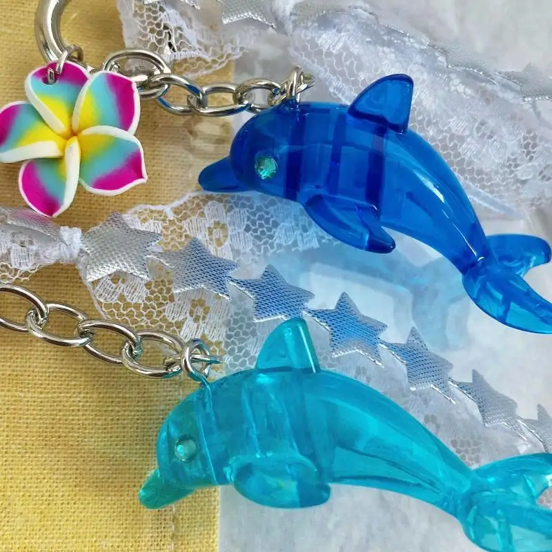 1 Stück süßer Retro-Delfin-Spitzenblumen-Taschenanhänger, Y2K Sommer-Strand-Insel-Ozean-Quasten-Schlüsselanhänger, Handy-Lanyard, Rucksack- und Handtaschen-Dekoration – Detail 2