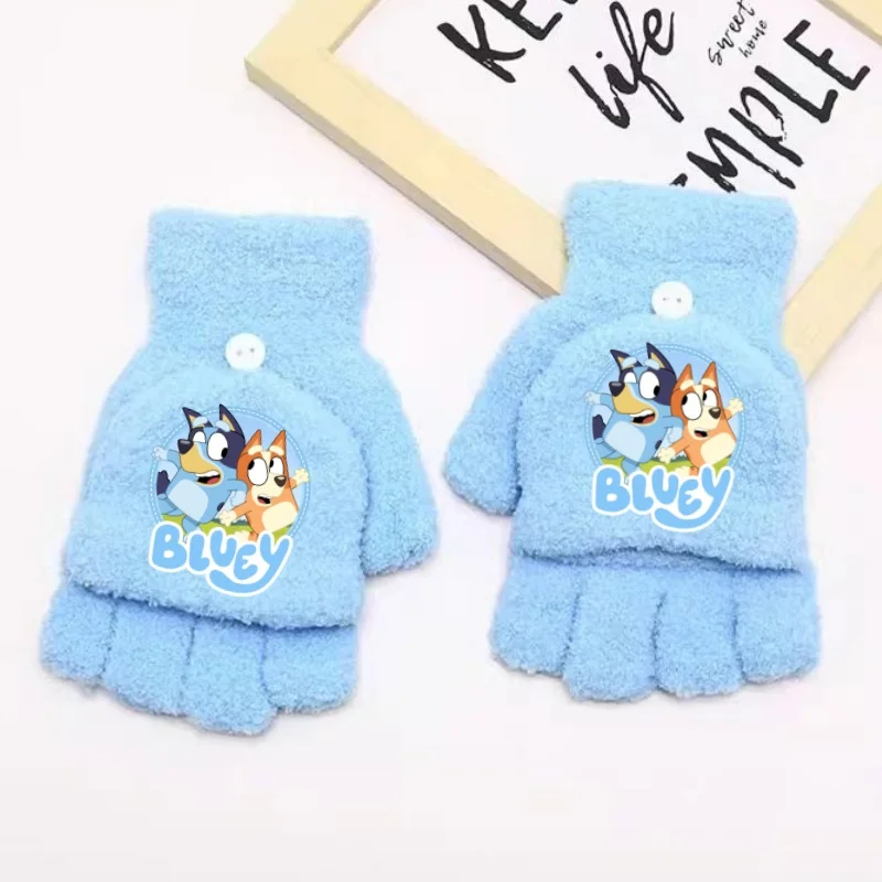 Bluey Bingo Gloves Autumn Winter Warm Flip Half Finger Gloves Plush Warm Play Phone Writing Cartoon Cute Kids Birthday Xmas Gift