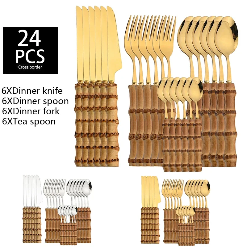 24Pcs Tableware Sets Stainless Steel Bamboo Cutlery SetPurely Natural Bamboo Handle Flatware Set Dinnerware Steak Knife Cutlery