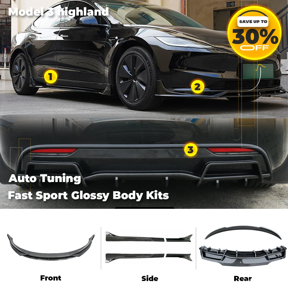 

Fast Sport For Tesla Model 3 Highland 2023-202 Body Kits Glossy Carbon Black Bumper Lip Rear Diffuser Spoiler Tuning Accessories