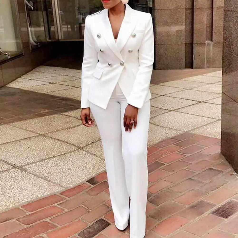2Pcs/Set Long Sleeves Flap Pockets Double Breasted High Waist Blazer Pants Set Office Lady Solid Lapel Suit Jacket Pants Set