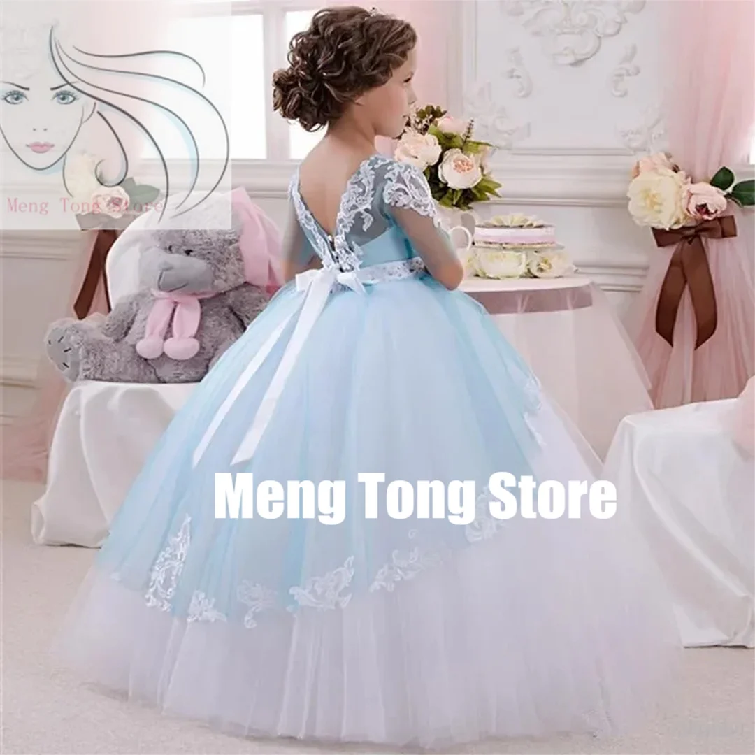 Blue White Bow Belt Formal Princess Flower Girl Dress Lace Appliques Wedding Prom Gowns Birthday Communion Toddler Kids Dress