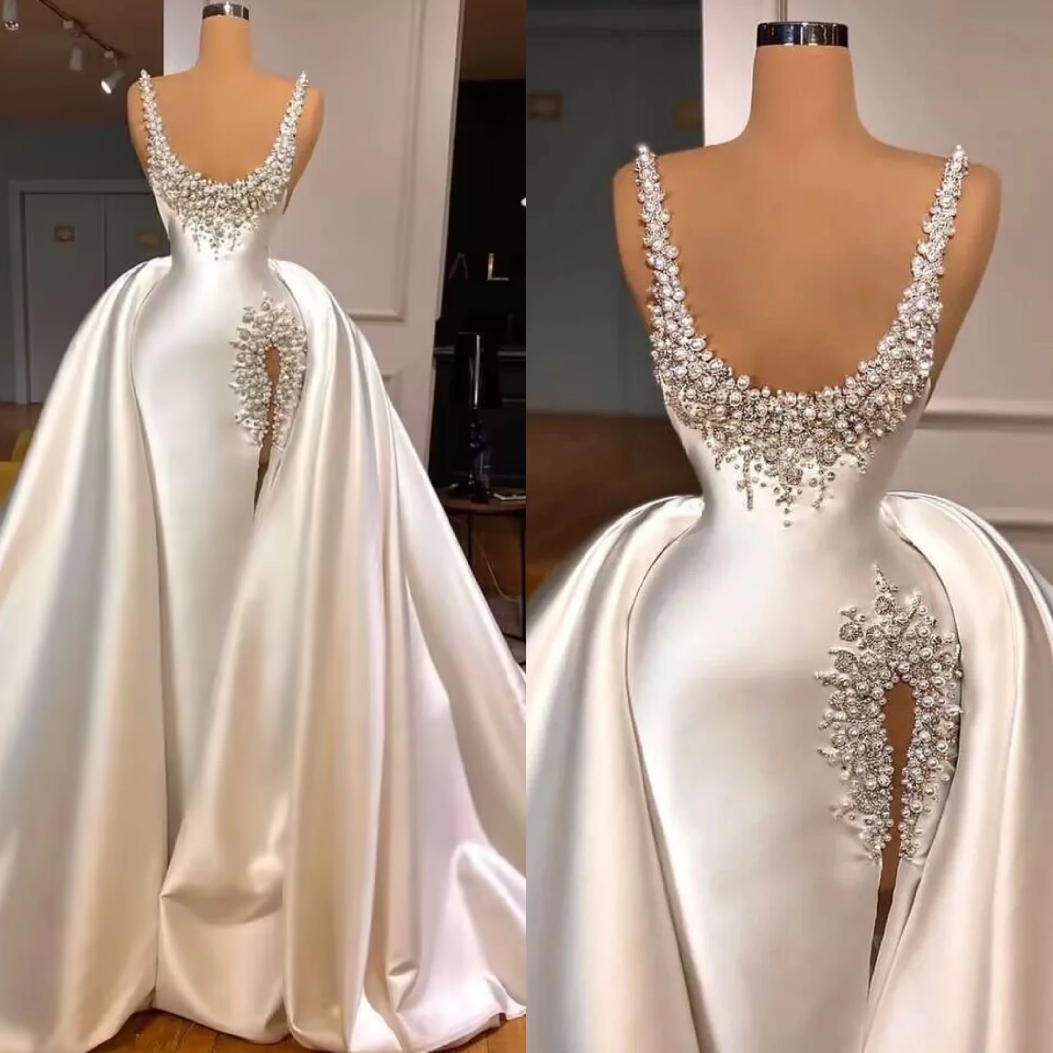 

Luxury Mermaid Women Wedding Dress O-Neck Pearls Bridal Gown Sweep Train Slim Fit Split Dresses vestidos de novia