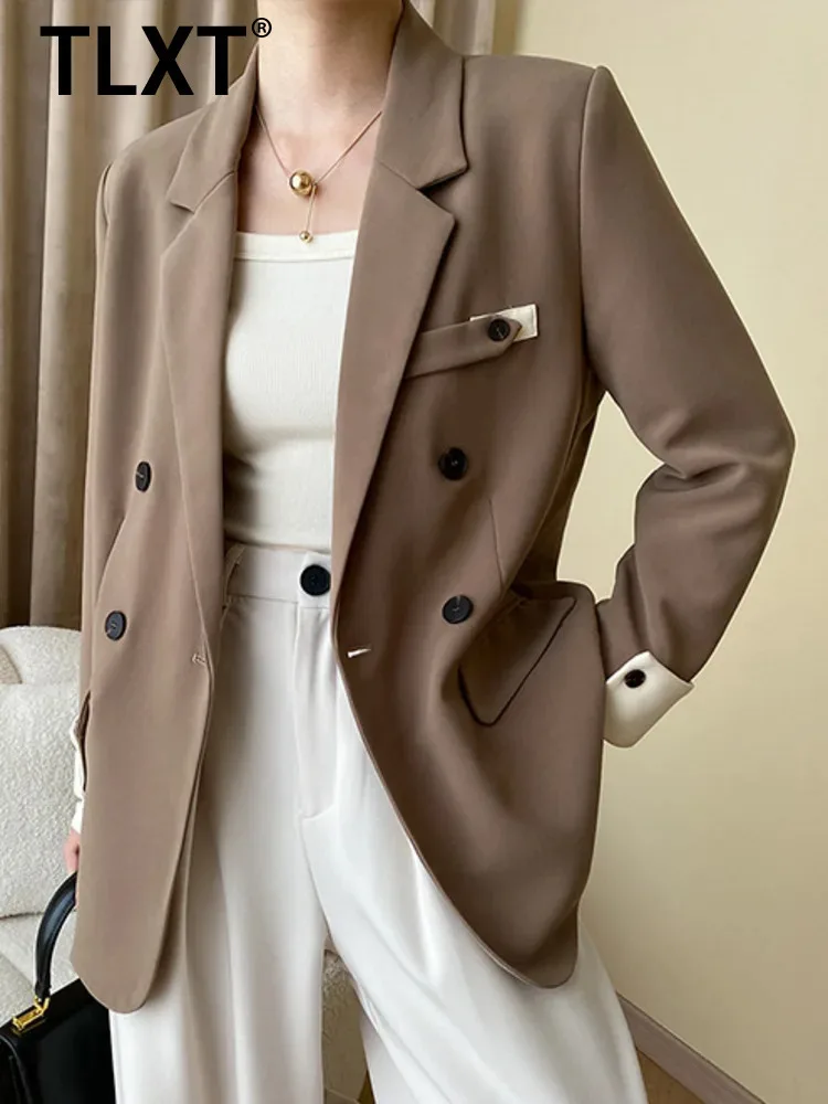 

TLXT элегантный женский двубортный пиджак с цветными блоками и лацканами, двубортное пальто с длинными рукавами, женское лето 202, новинка XK1256