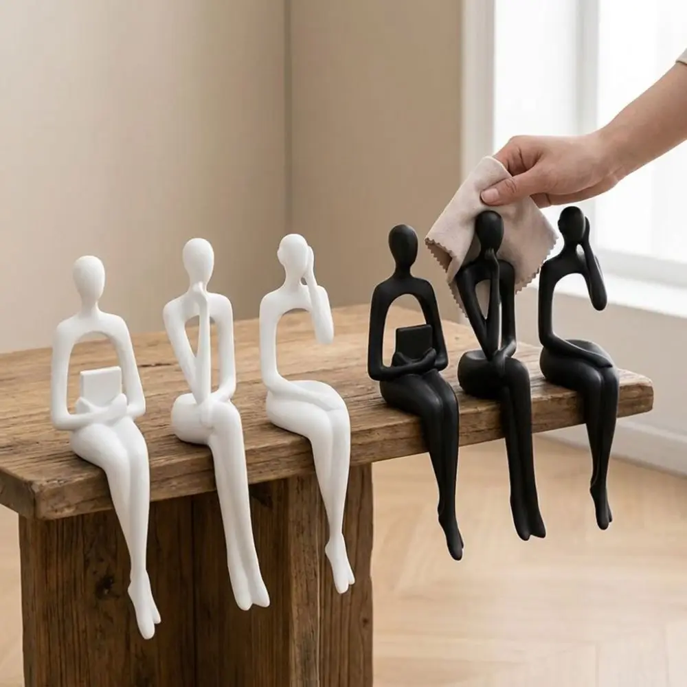 3Pcs Minimalist Abstract Sitting Human Sculpture Set Long Leg Handmade Thinking Figurine Edge Sitter Decor 3D Printed Plastic
