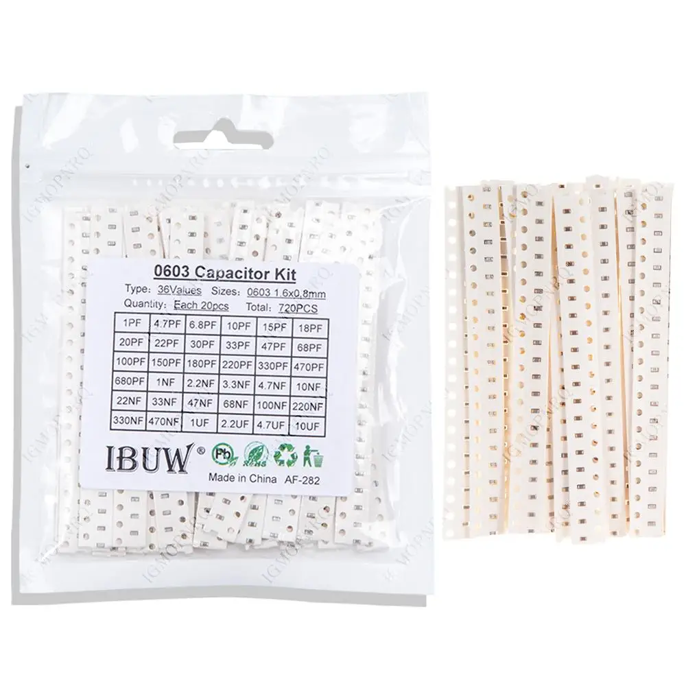 

36values*20pcs=720pcs 0603 SMD Capacitor assorted kit 1pF-10uF component diy samples kit 1PF 4.7PF 8PF 680PF 1NF 10UF