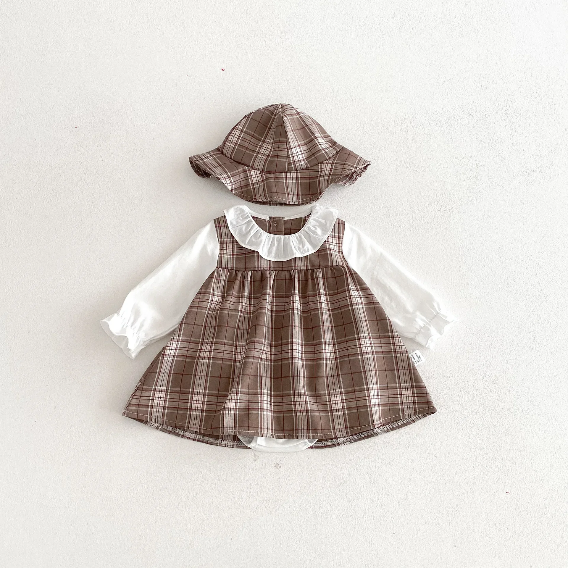 

0-2Y Baby Clothing Girl Spring Bodysuit Long Sleeve Plaid 2pcs Dress Ruffled Collar Onesie with Hat Cute Infant Outfit