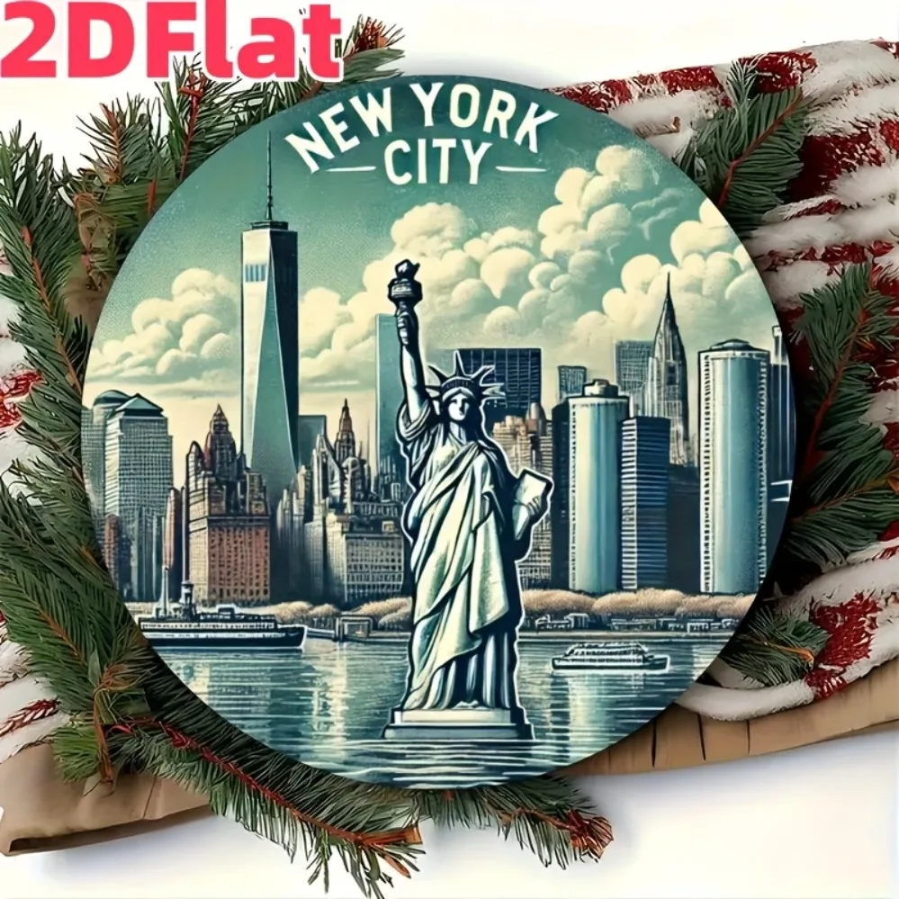 Vintage NYC Skyline Round Wall Mural Featuring Statue of Liberty & Cityscape, Aluminum Art Decor
