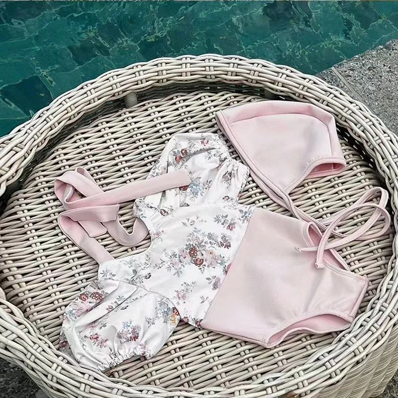 2024 Little Girl`s Puff Sleeves One-Piece Swimsuit Soft Silk Swimming Wear for Baby Girls Pink Swimsuits with Free SwimhatHat