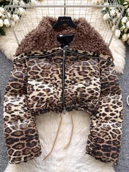 Fashion Y2k Leopard Print Down Cotton Jacket Winter High-Quality Plush Large Collar Splicing Drawstring Sequin Thick Coat Women