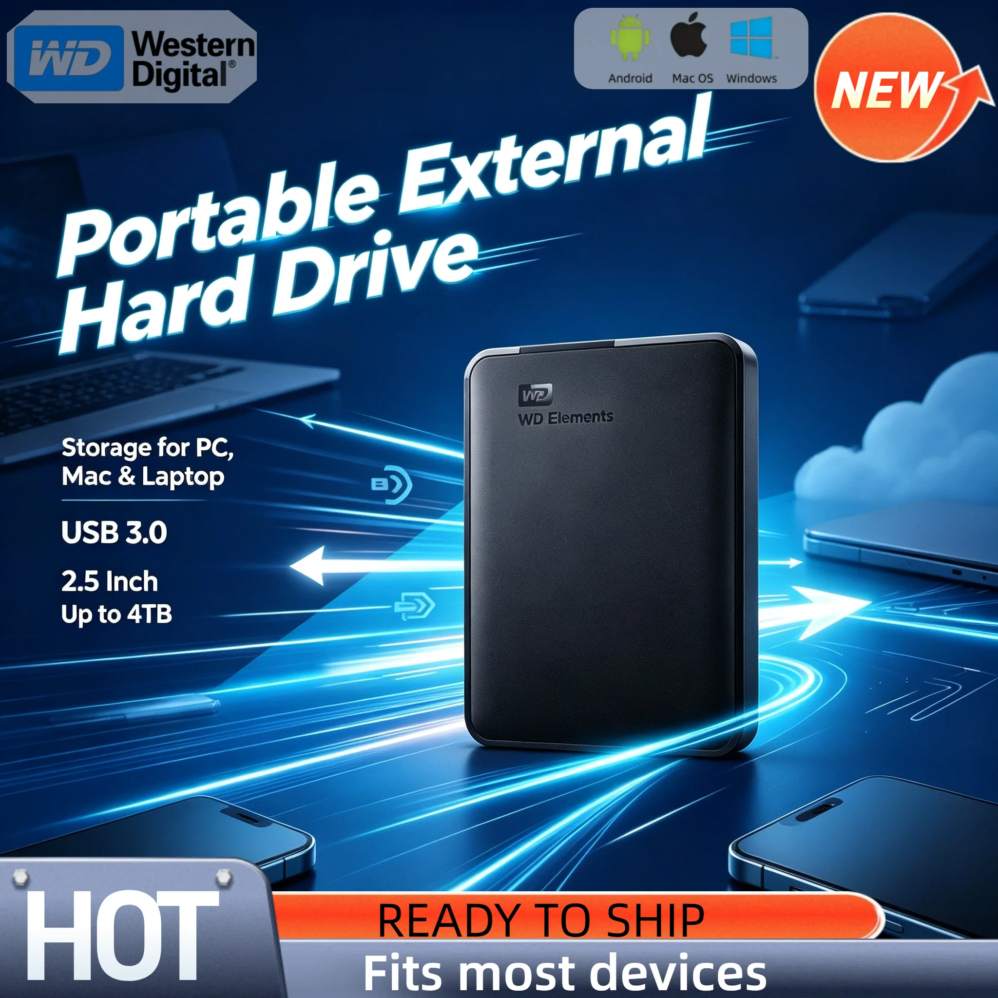 Western Digital WD Elements 2TB 1TB External Hard Drive 2.5 Inch USB 3.0 Portable HDD for Desktop PC Laptop Pro Unit Elite