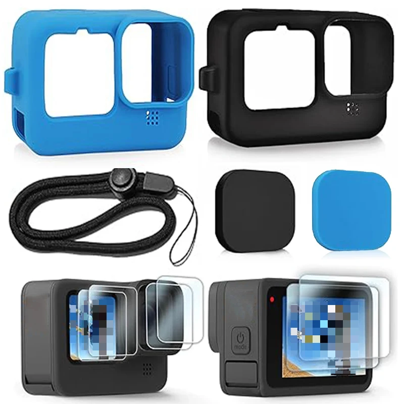 Silicone Case with Lanyard for GoPro Hero 12 11 10 9 Tempered Glass Screen Protector Storage Cover Lens Cap Kit For GoPro 12