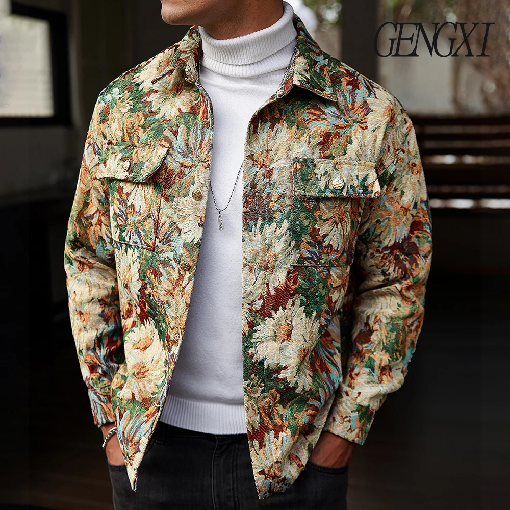 

High Street Men's Jacquard Design Lapel Jacket American Street Style Floral Pattern Short Jacket Autumn/Winter New Y2K Men's Top