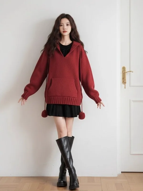 Rode Koreaanse Sle Nieuwjaar Hoed Trui Taille Cinched Dr Herfst Winter Faion Set Casual Lange Sve Hoodie Rok Ensemble