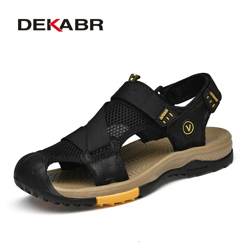 

DEKABR Men Sandals Summer New Mesh And Leather Style Fashion Quick-Dry For Men Casual Outdoor Beach Water Sandals Big Size