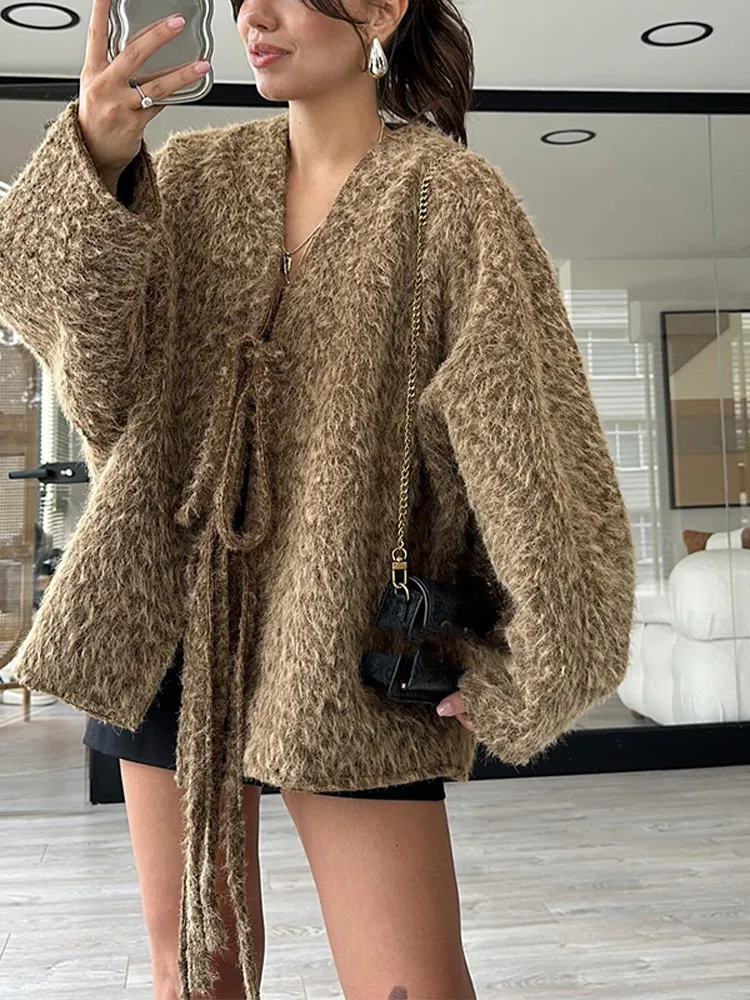 Elegant Brown Lace Up Short Knitted Cardigan For Women Fashion Long Sleeves Mohair Sweater Tops 2024 New Autumn High Streetwear