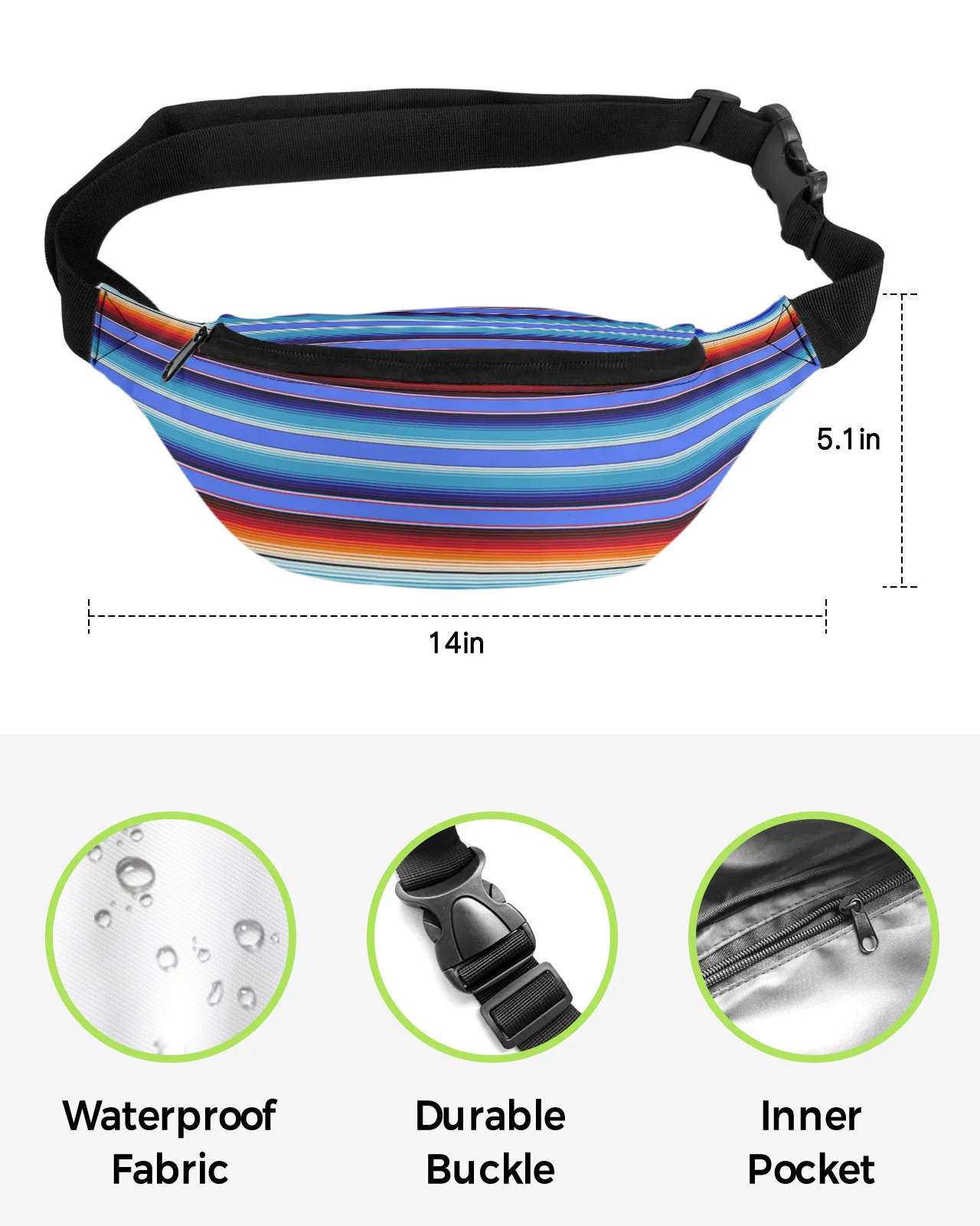 Colorful Mexican Stripes Waist Bags for Women Man Travel Shoulder Crossbody Chest Bags Waterproof Fanny Pack