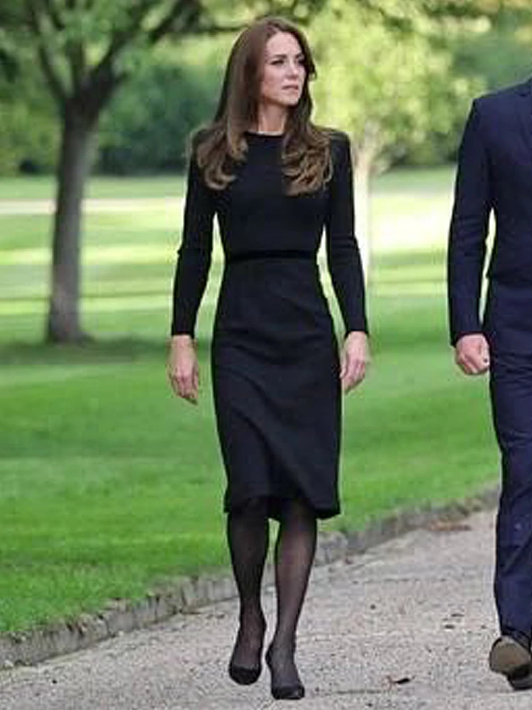 

Kate Middleton Princess Female Spring Autumn High Quality Fashion Party Blue Vintage Slim Office Gentlewoman Girls Midi Dress