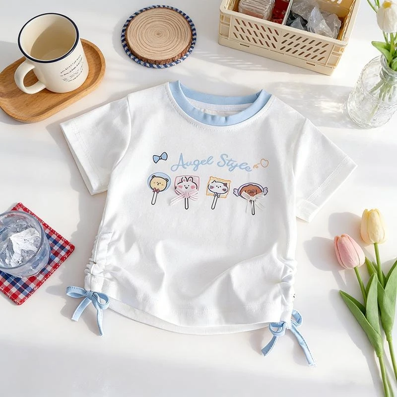 ChildrenTSummer new style girls' baby cartoon print top and plaid casual pants two-piece set