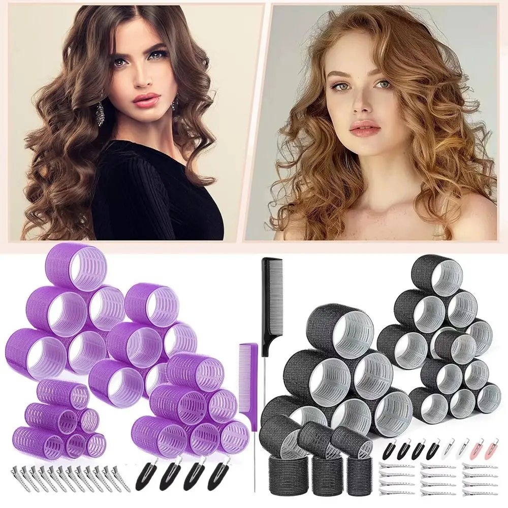 46/48 Pcs Set 4 Sizes Rollers Hair Curlers Set 25mm 36mm 45mm 60mm with Clips Curlers Jumbo Hair Rollers Plastic Purple Black