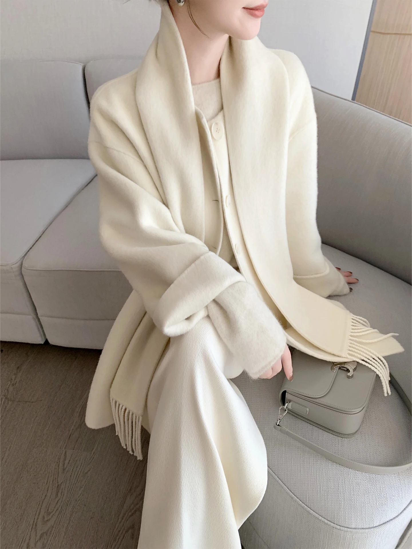 

Двустороннее шерстяное пальто Sle с круглым воротником-шарфом бежевого цвета, новая модная верхняя одежда 2025 года