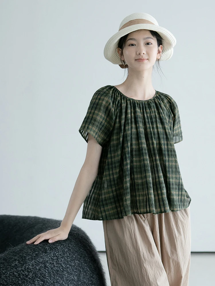 

New Le Collection Summer Thin Silk Cotton Plaid Cool round Ne Large a Version ort Sve Doll irt Удобная повседневная ...