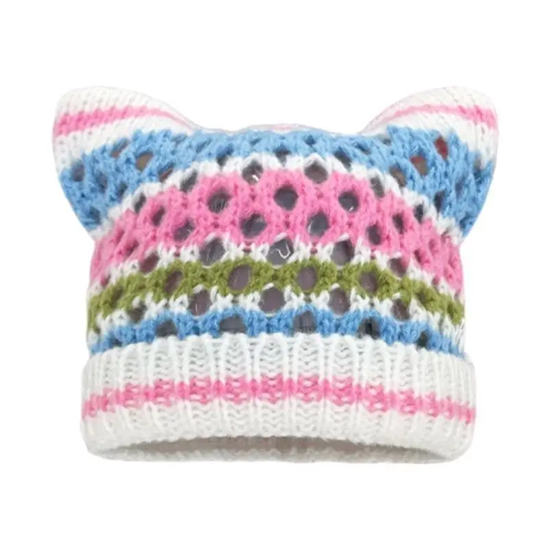 31BB Cats Ear Hat for Women Hollowout Stripe Skull Hat Handcrochet Hat 2000s Girl Autumn Winter Pullover Hat Headwear