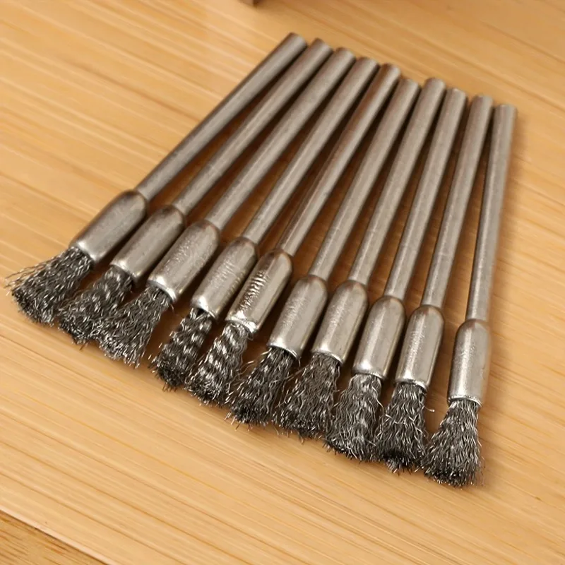 10Pcs Stainless Steel Wire Brushes, 3mm Shank for Rotary Tools, Rust Removal Cleaning Sanding Tool