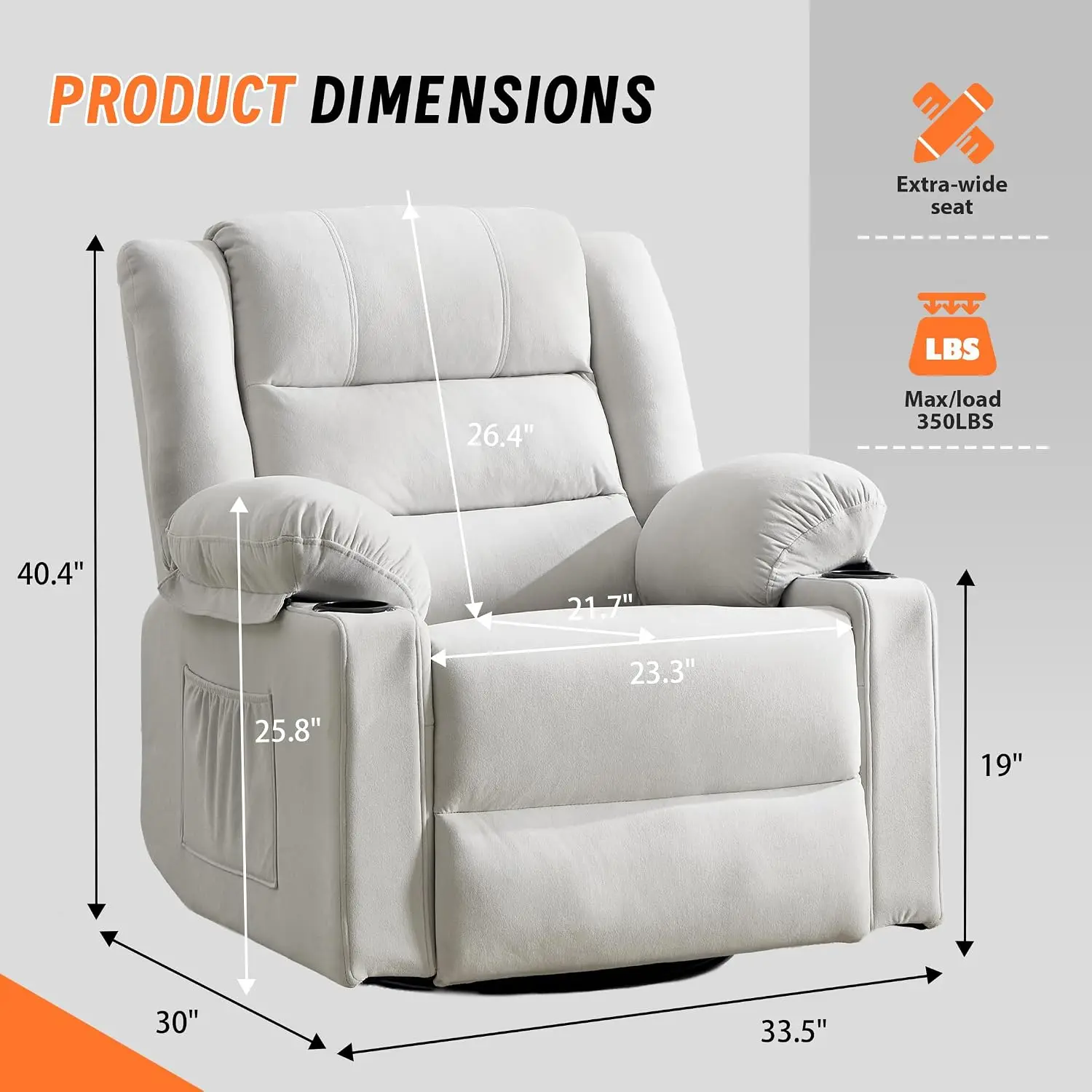 360° Swivel Rocker Recliner with Massage & Heat, Manual Glider with Cup Holders for Living Room Bedroom, Beige, Customized