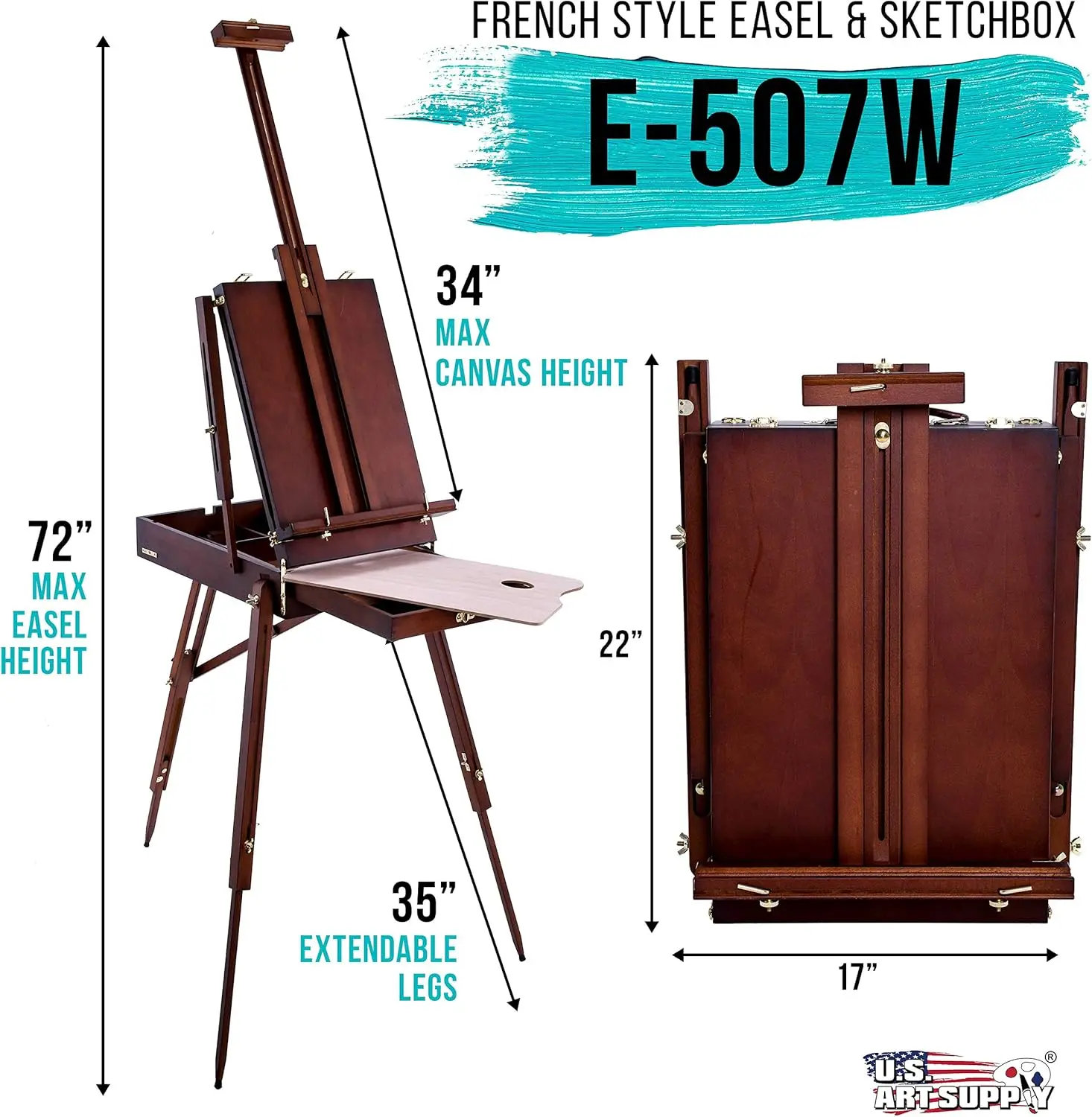 Large Walnut French Easel, Adjustable Plein Air Easels, Beechwood Sketchbox Tripod for Field & Studio Painting Easel for Adults, Drawing, Display - Portable with Drawer & Palette