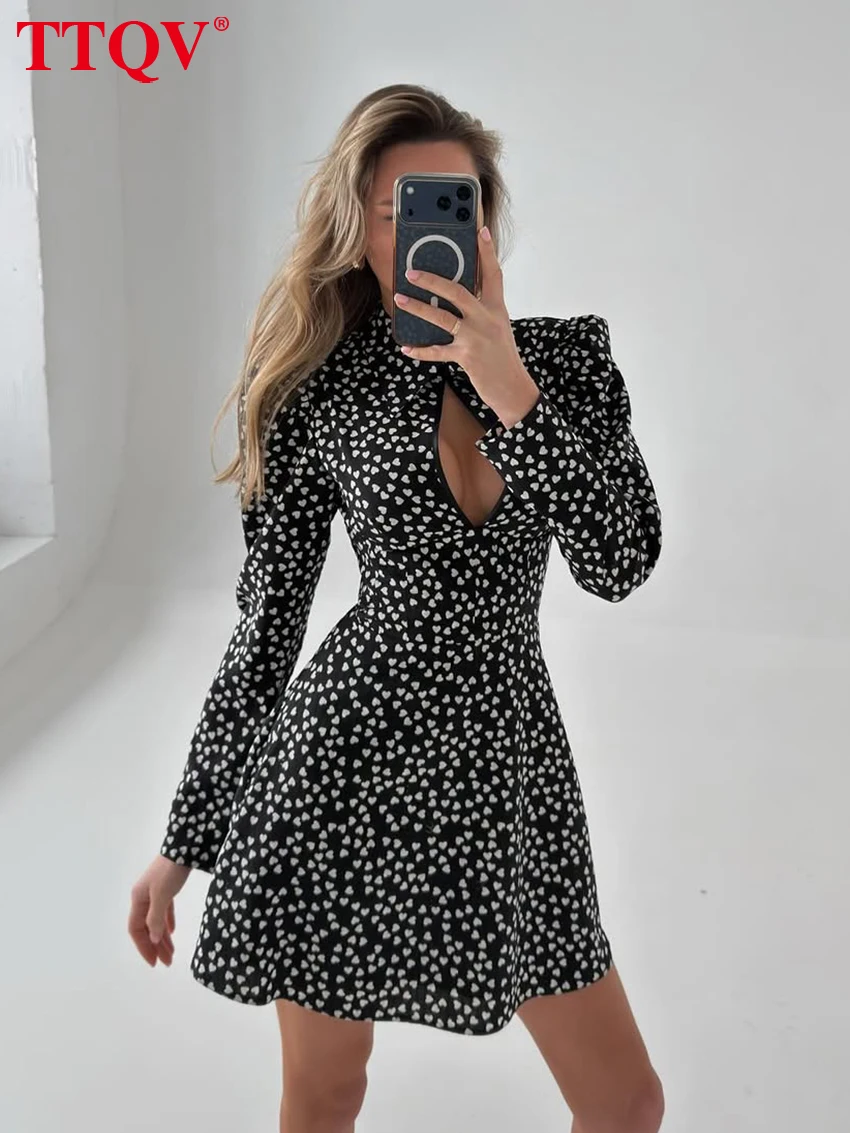 

TTQV Fashion Loose Print Women's Dress 2026 Sprint Stand Collar Long Sleeve Mini Dresses Elegant Classic Female Dress Streetwear
