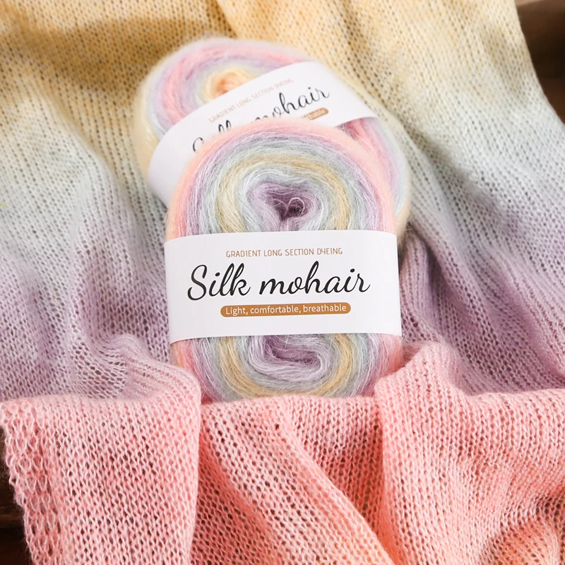 300 g Regenbogen-Farbverlauf, abschnitt gefärbtes Seiden-Mohair-Garn, handgefertigtes DIY-Strickmaterial für die Herstellung von Damenmode, Pullover, Schal, Schal, Material, Schal, Material, Kugeln,