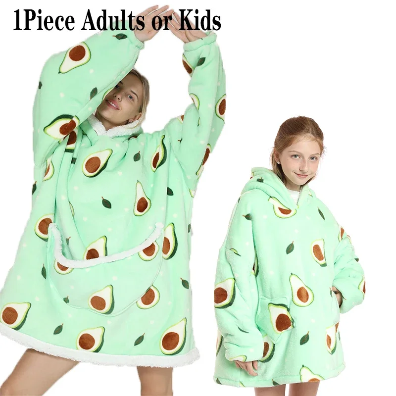 Oversized Wearable Blanket Nordic Winter Sherpa Blanket Plush Fleece Family Matching Hoodie Girl Sweatshirt Avocado Homewear