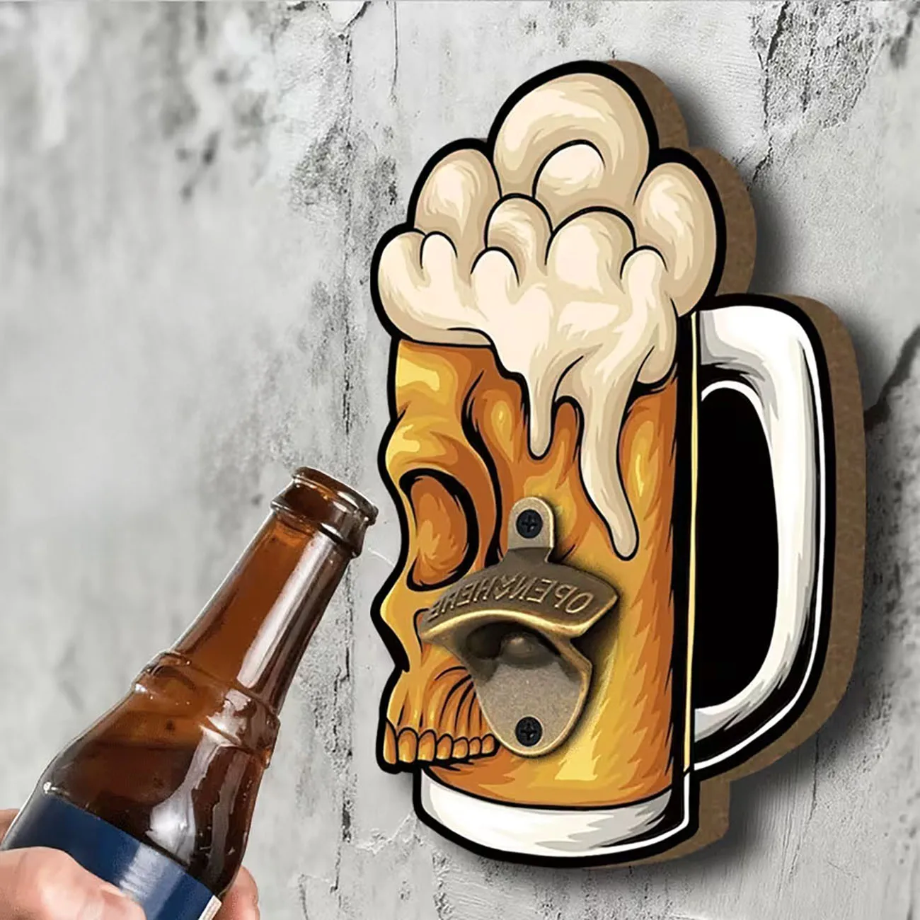 1pc 2D Flat Skull Beer Mug Wooden Wall Bottle Opener, Foamy Beer Skull Shape Wood Sign for Bar, Pub & Man Cave Wall Decor