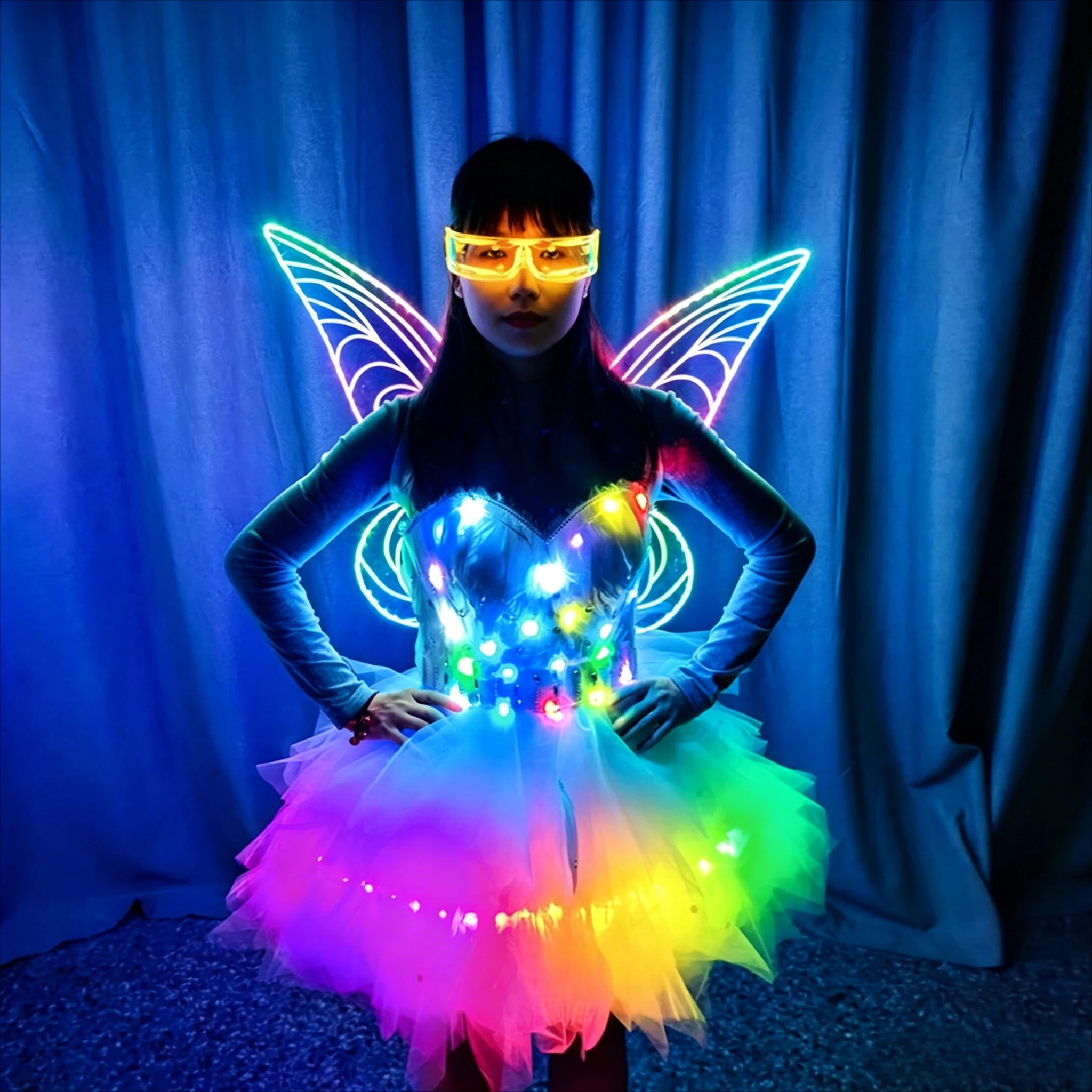 LED Fairy Dress with Light Wings Performance Wear Show Girl Costume Woman LED Dance Costume Rave Stage Outfit