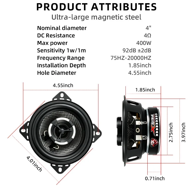 2pcs 4 Inch Coaxial Speaker 400W Car Speakers 2 Way Range Stereo Subwoofer HIFI Modified Car Audio Accessories Home Music Sound view 5