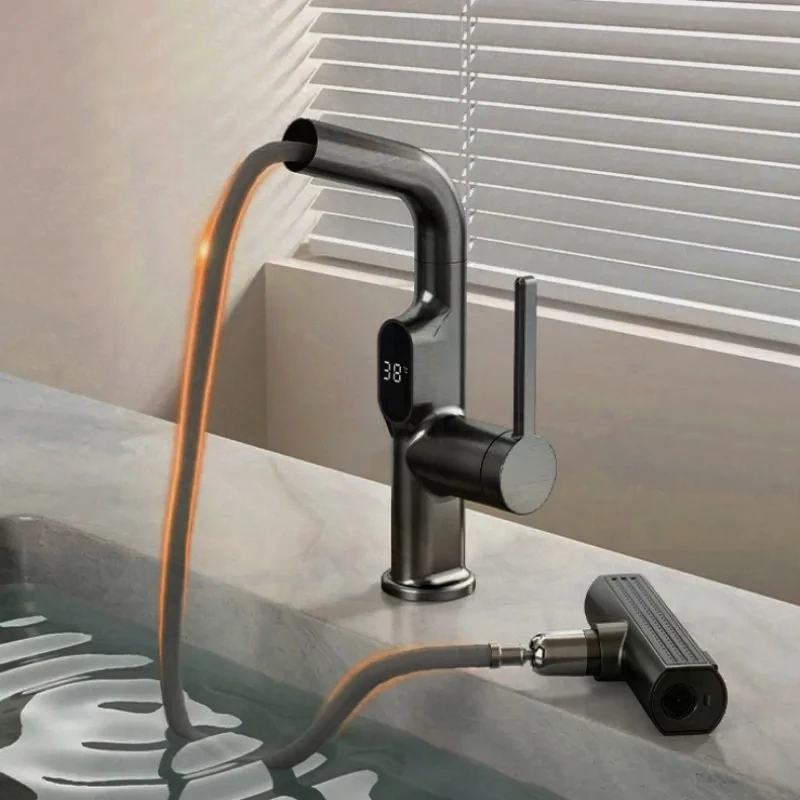 Imagem -02 - Temperatura de Exibição Digital Pull Out Basin Faucet Levante para Baixo o Pulverizador da Cachoeira Misturador para Pia de Água Quente e Fria