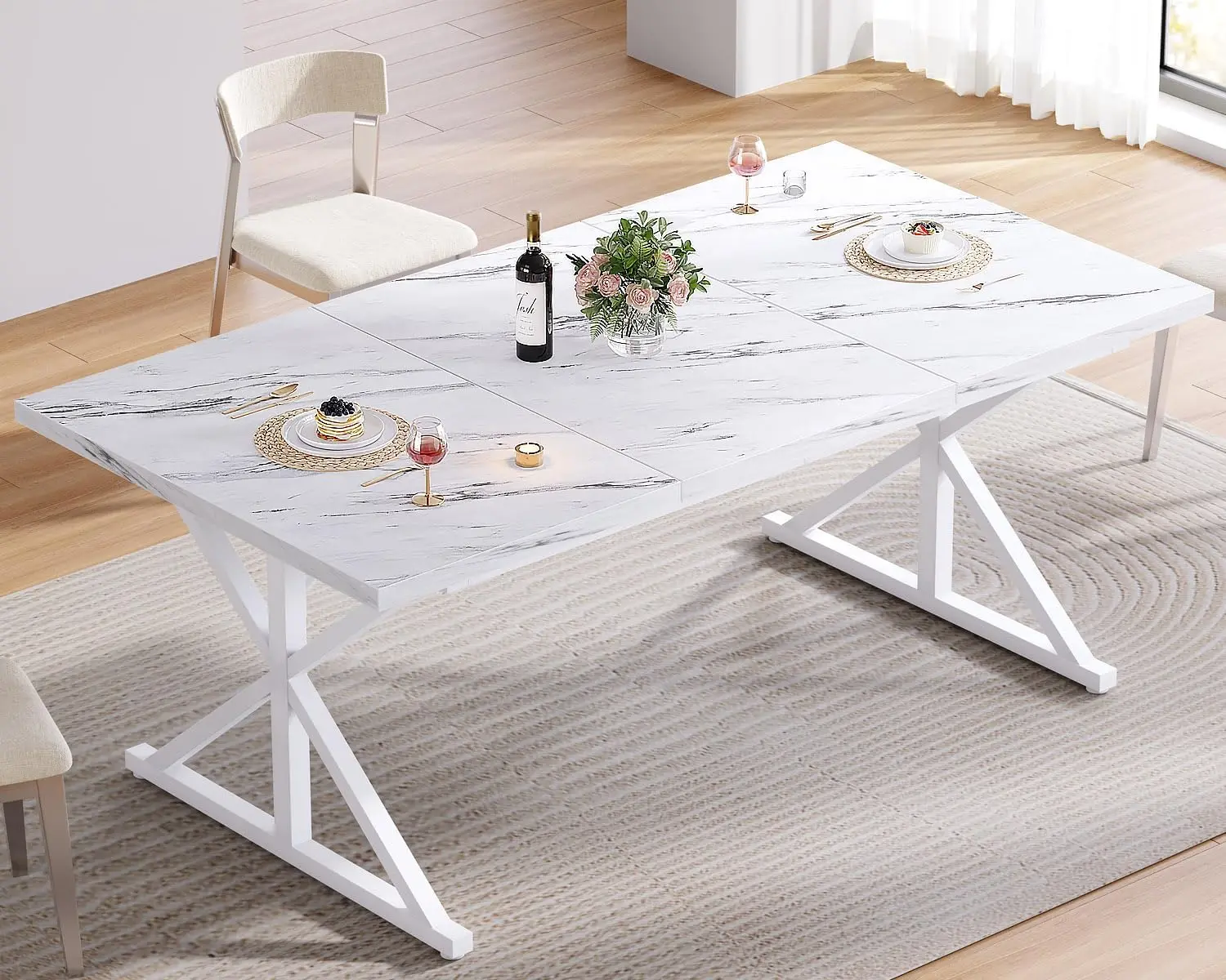 White Faux Marble Dining Table, Rectangle Modern Dinner Table for 4-6 People, Industrial Large Wood Metal Dining Room Table,