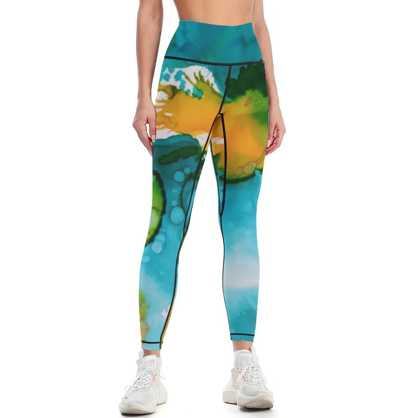 Blue, yellow and green abstract Leggings sporty woman push up Women's sportswear Fitness clothing high waist Womens Leggings
