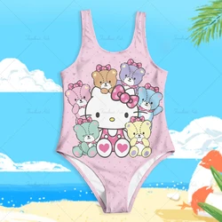 Lato MINISO jednoczęściowy strój kąpielowy moda kreskówka śliczny Hello Kitty drukuj stroje kąpielowe dla dzieci bez rękawów 4-14 lat odzież do pływania