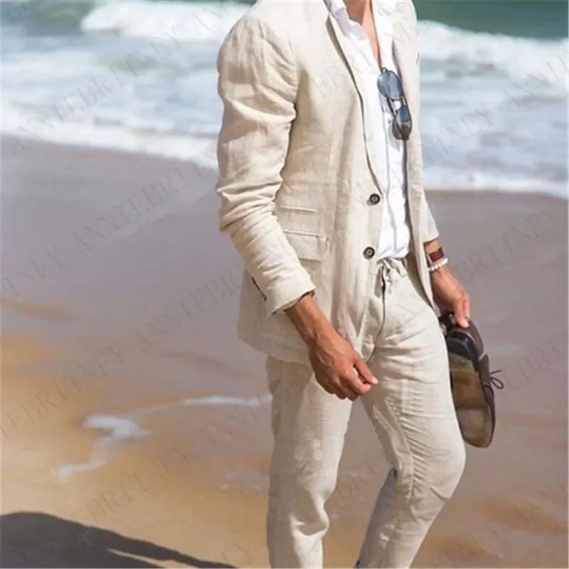 

ANNIEBRITNEY Linen Summer Casual Men Suit Beach Wedding Suits For Men Custom Slim Fit 2 Piece Groom Blazer Sets Terno Masculino