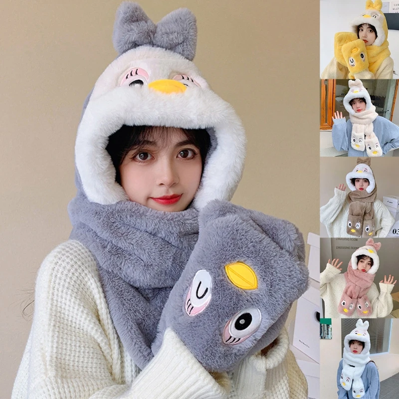 3-in-1 Hat Multi-Functional Hooded Scarf with Mittens Big Eyes Yellow Mouth Soft Plush for Women Girls Sisters