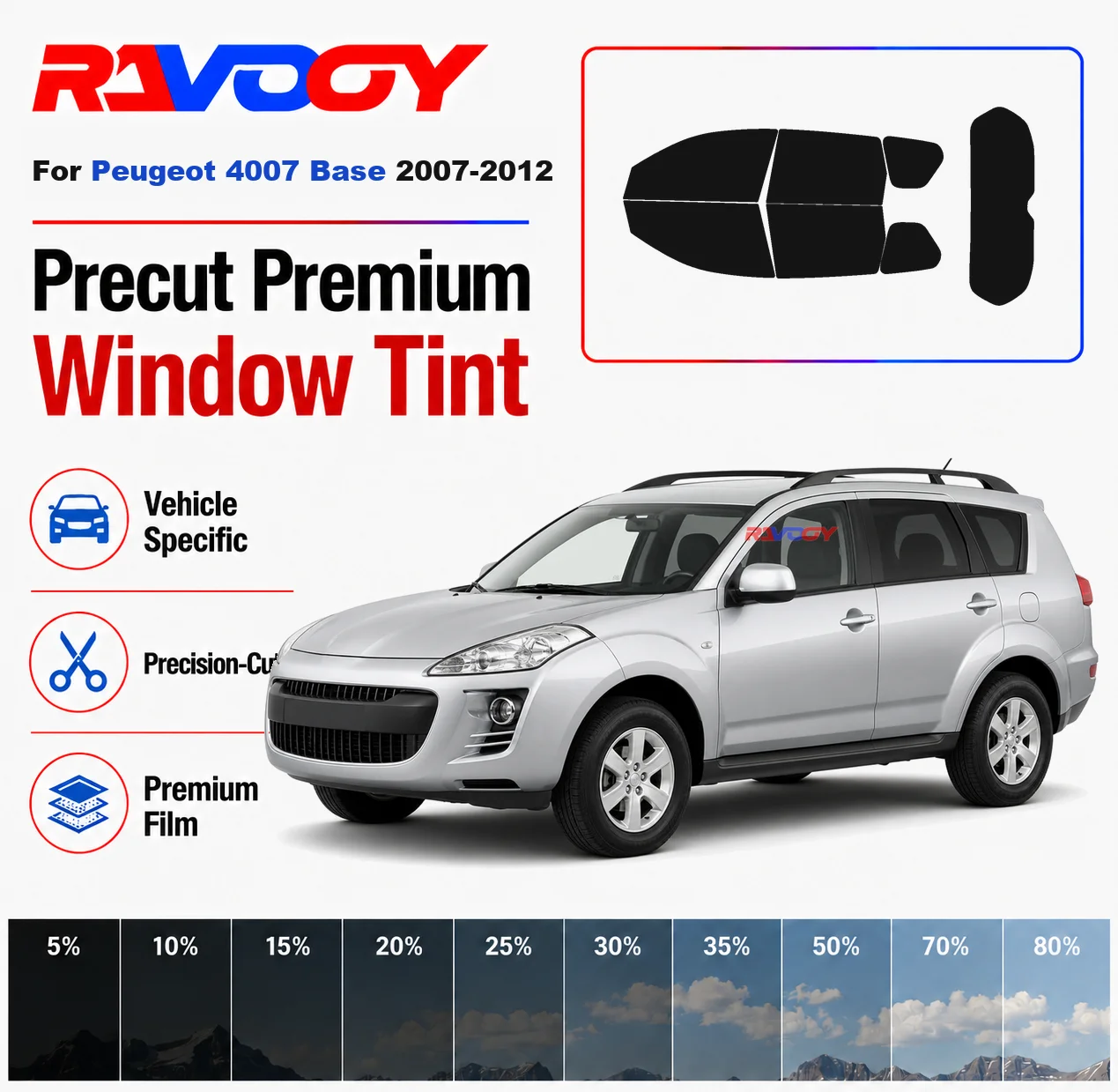 Premium Precut Window Tint Kit Front Rear Windows Rear Windshield For Peugeot 4007 Base 2007-2012 Complete Set Nano Ceramic Film