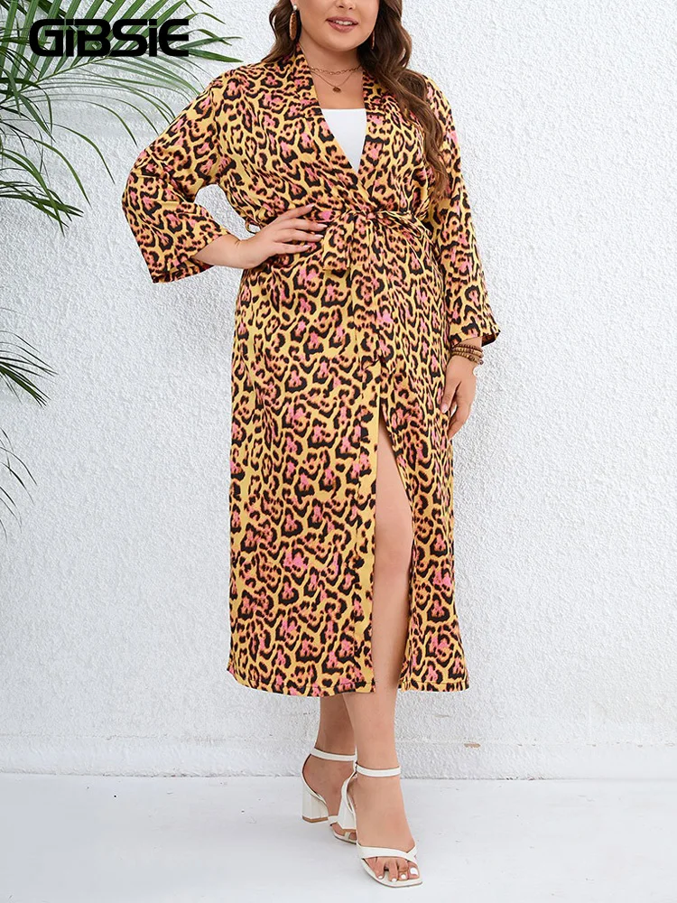 

GIBSIE Plus Size Leopard Print Belted Long Kimono Cardigan Women Open Front Long Sleeve Blouse Holiday Bohemian Beach Tunic Tops